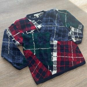Vintage 90s Paris Sport Club Chunky Knit Plaid‎ Sweater Geometric Women’s Large